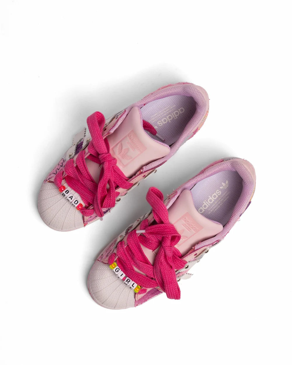 Adidas superstar custom modello Bad Girl, rosa con tessuti effetto patchwork