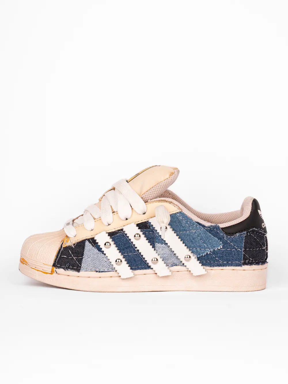 Adidas Superstar Denim Custom effetto patchwork lato sinistro