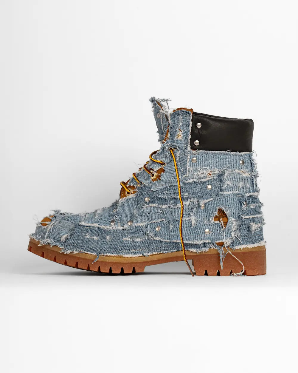 Timberland boot custom rivestito in denim chiaro patchwork
