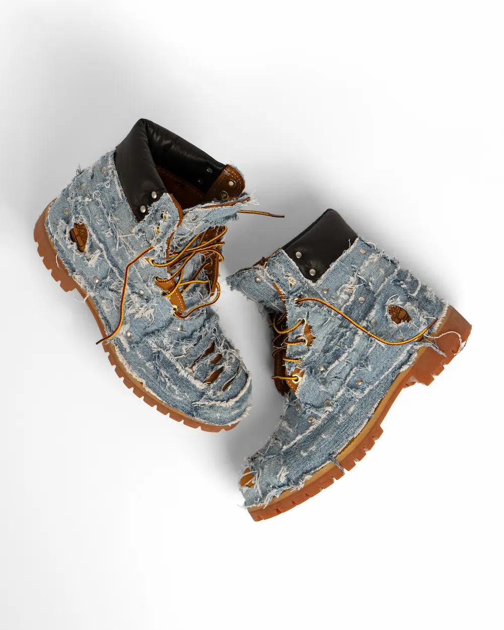 Timberland boot custom rivestito in denim chiaro patchwork