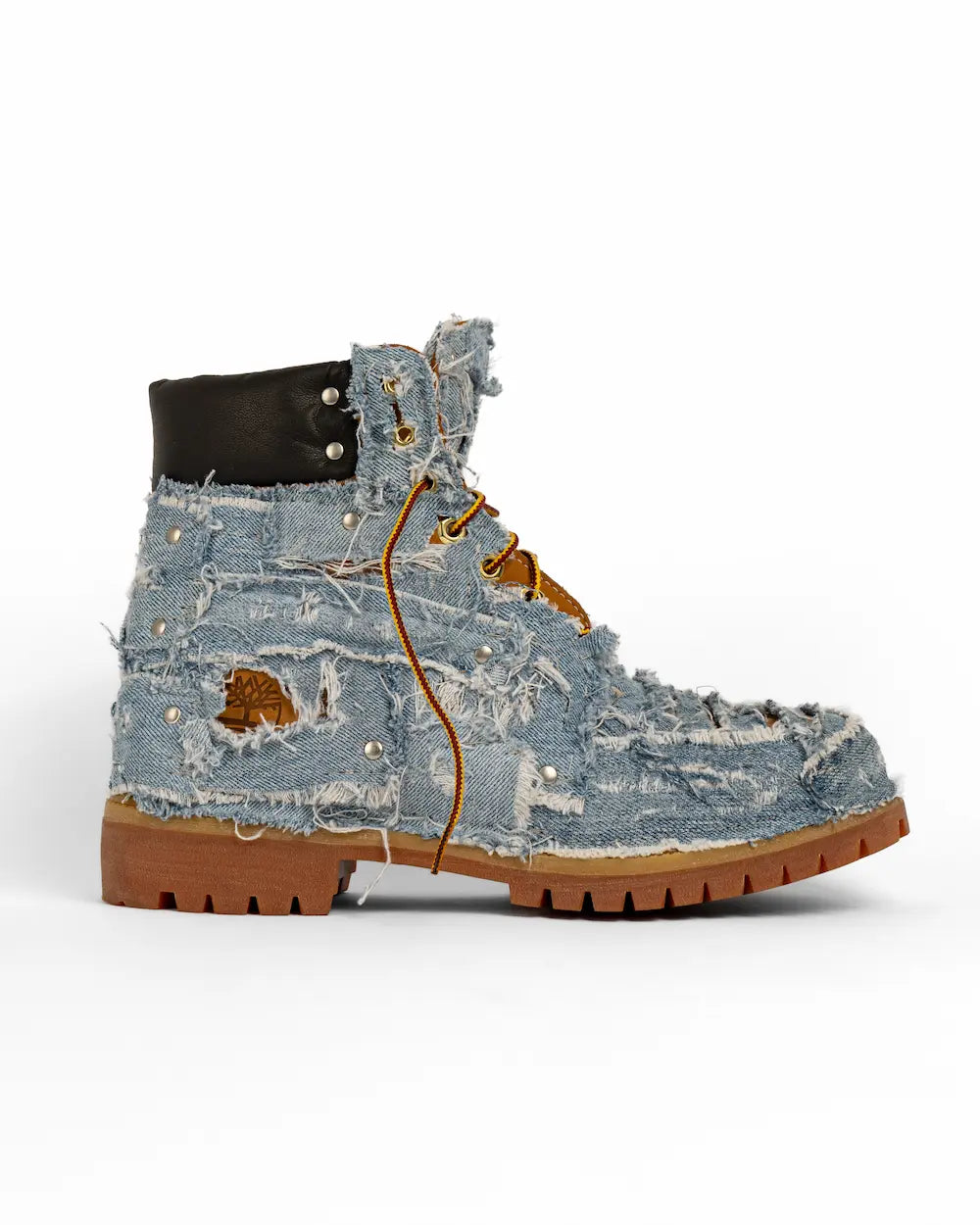 Timberland boot custom rivestito in denim chiaro patchwork